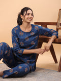 Janasya Straight Cambric Blue Tribal Round Neck Co-Ords