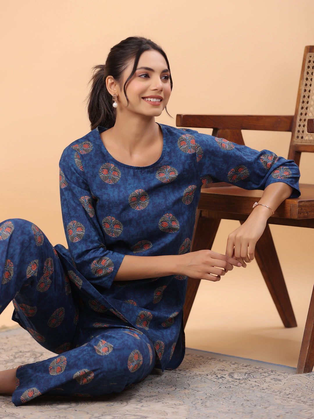 Janasya Straight Cambric Blue Tribal Round Neck Co-Ords