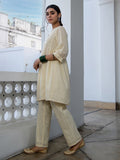 Janasya Cream Dobby Cotton Self Design Tunic & Bottom