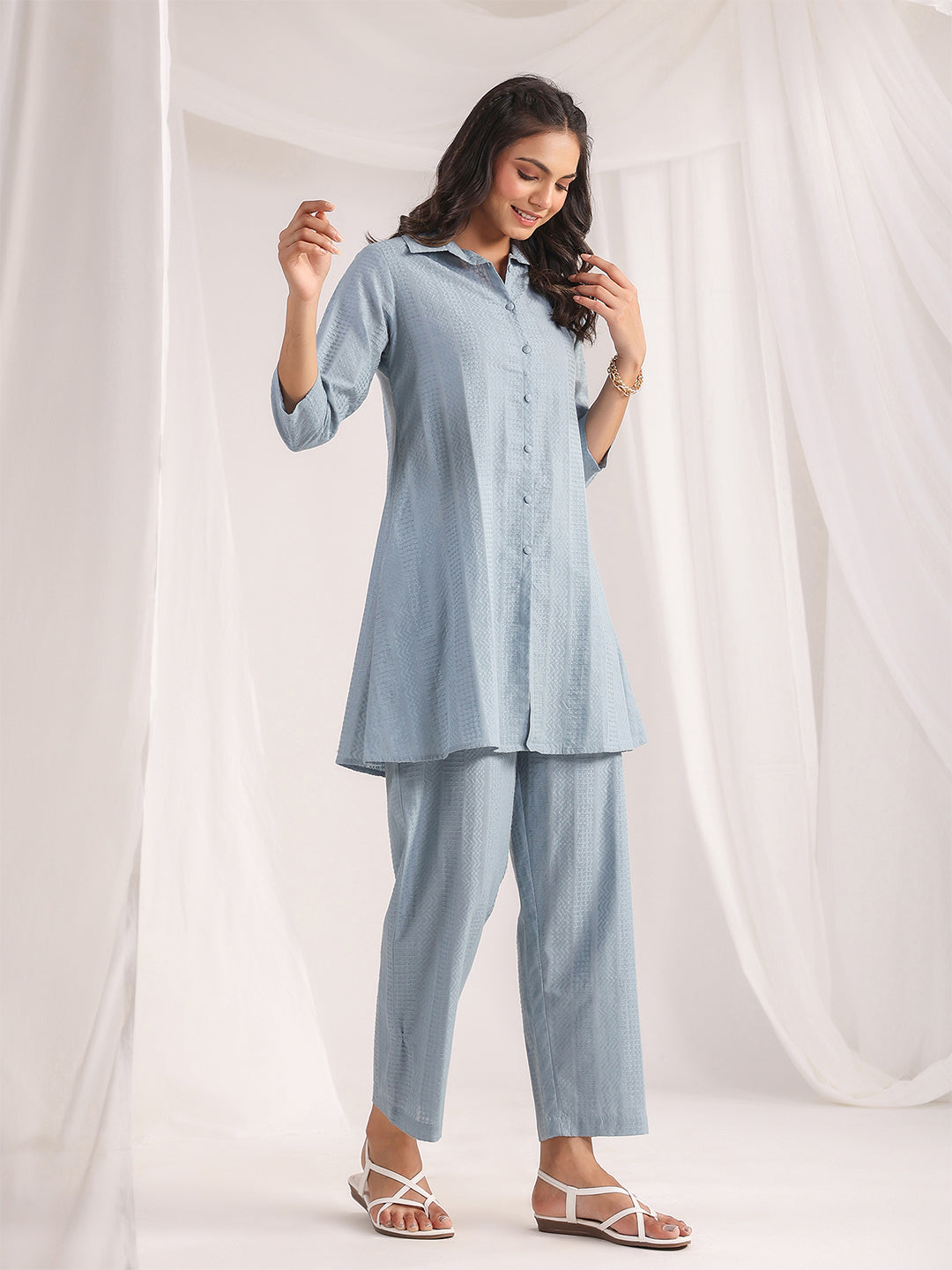 Janasya Light Jacquard Self Design Shirt Top & Bottom Set