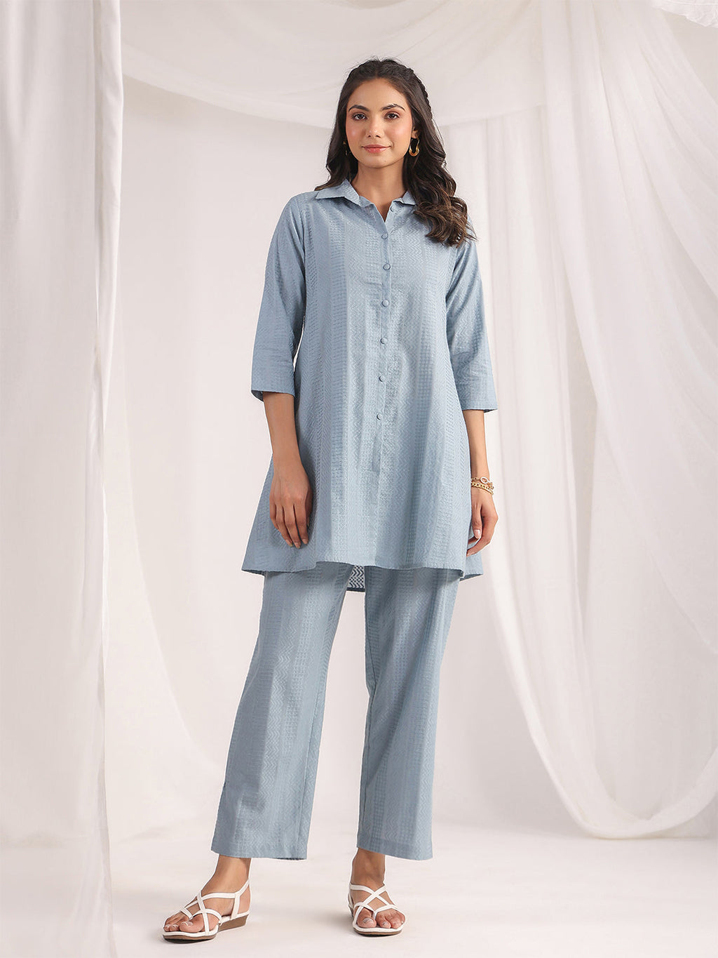 Janasya Light Jacquard Self Design Shirt Top & Bottom Set