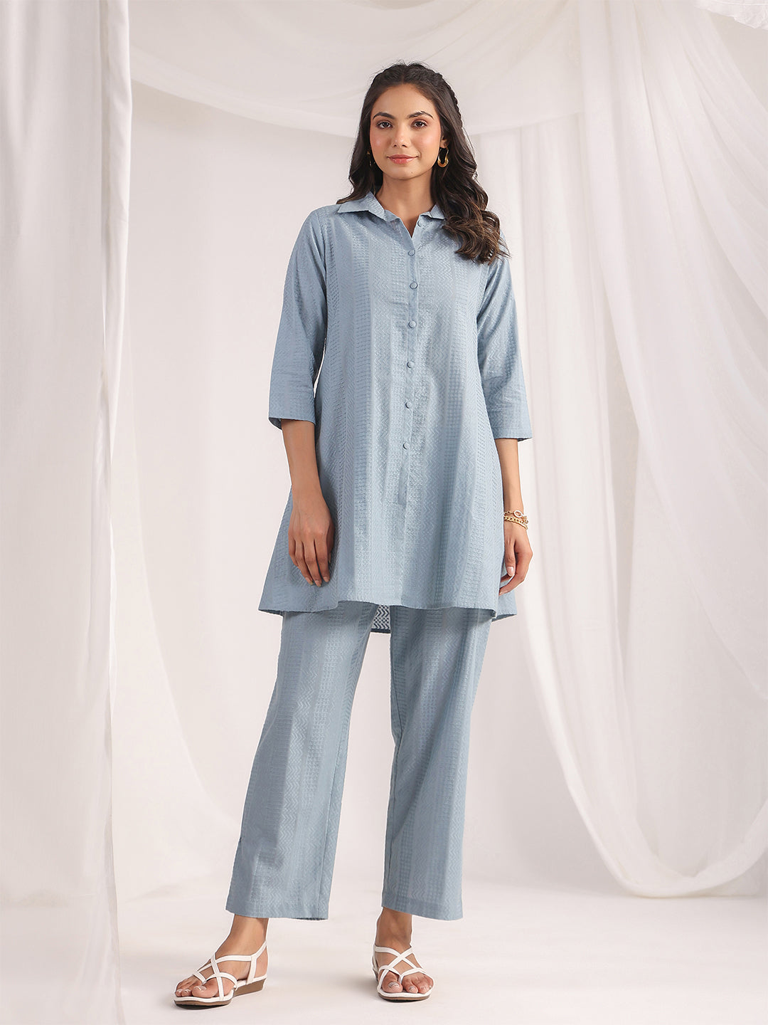 Janasya Light Jacquard Self Design Shirt Top & Bottom Set
