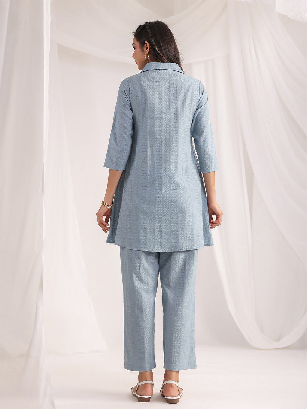 Janasya Light Jacquard Self Design Shirt Top & Bottom Set