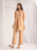 Janasya Pleated Jacquard Peach Self Design V-Neck Co-Ords