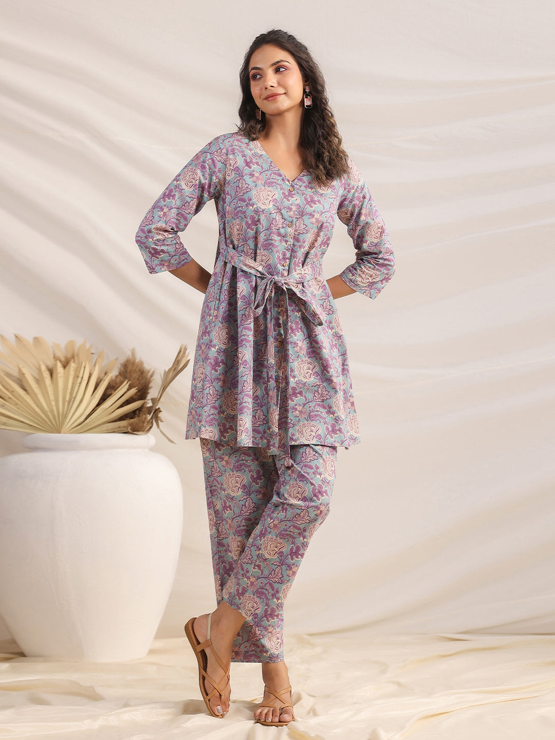 Janasya A-Line Cambric Grey Ethnic Motifs V-Neck Co-Ords