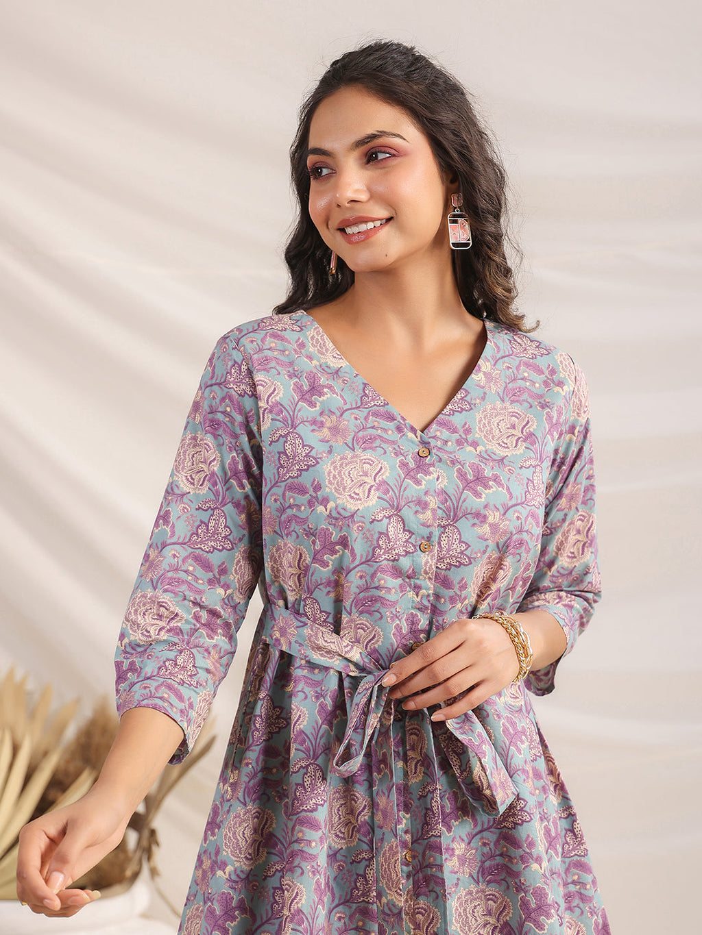 Janasya A-Line Cambric Grey Ethnic Motifs V-Neck Co-Ords