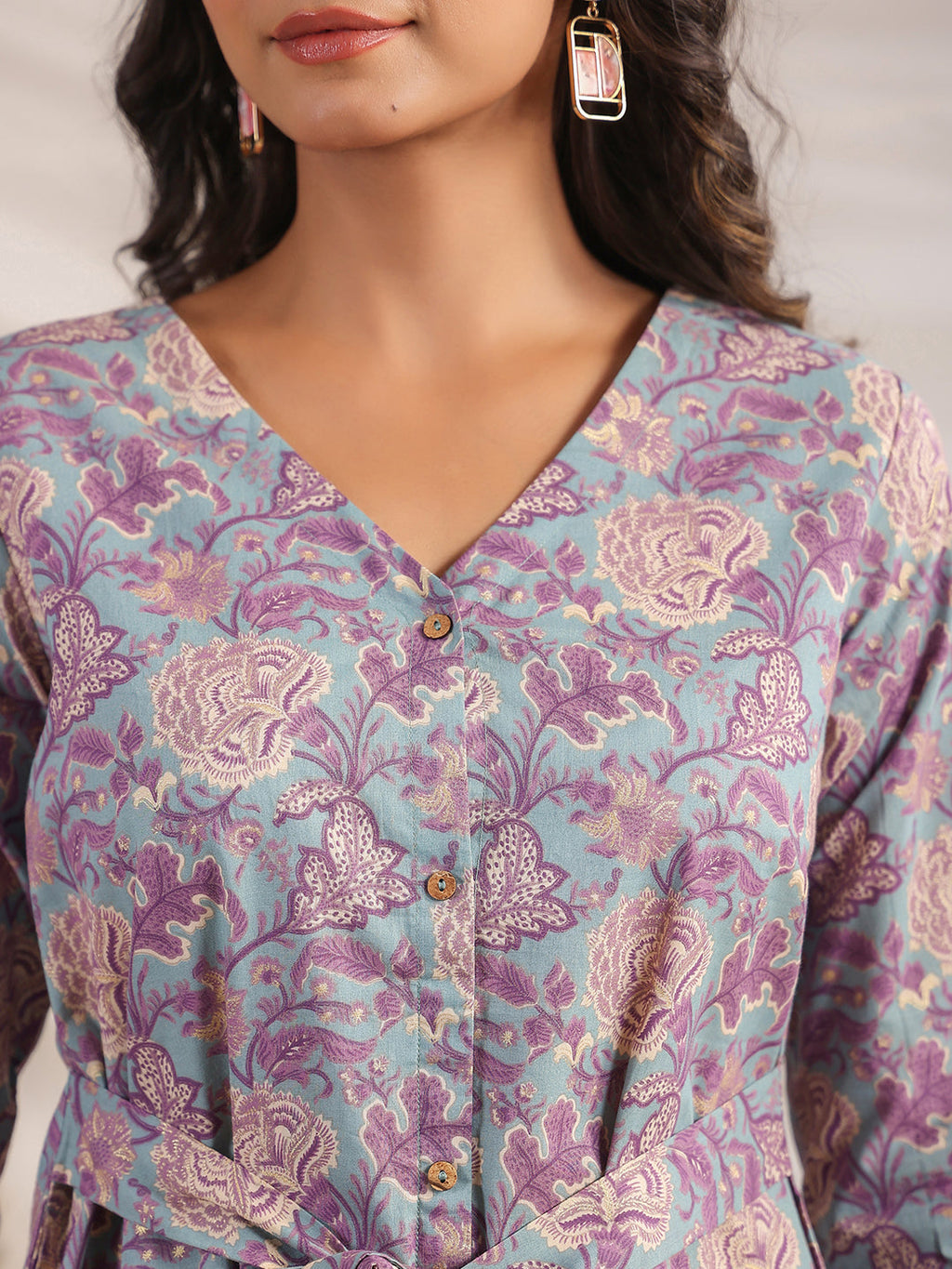 Janasya A-Line Cambric Grey Ethnic Motifs V-Neck Co-Ords