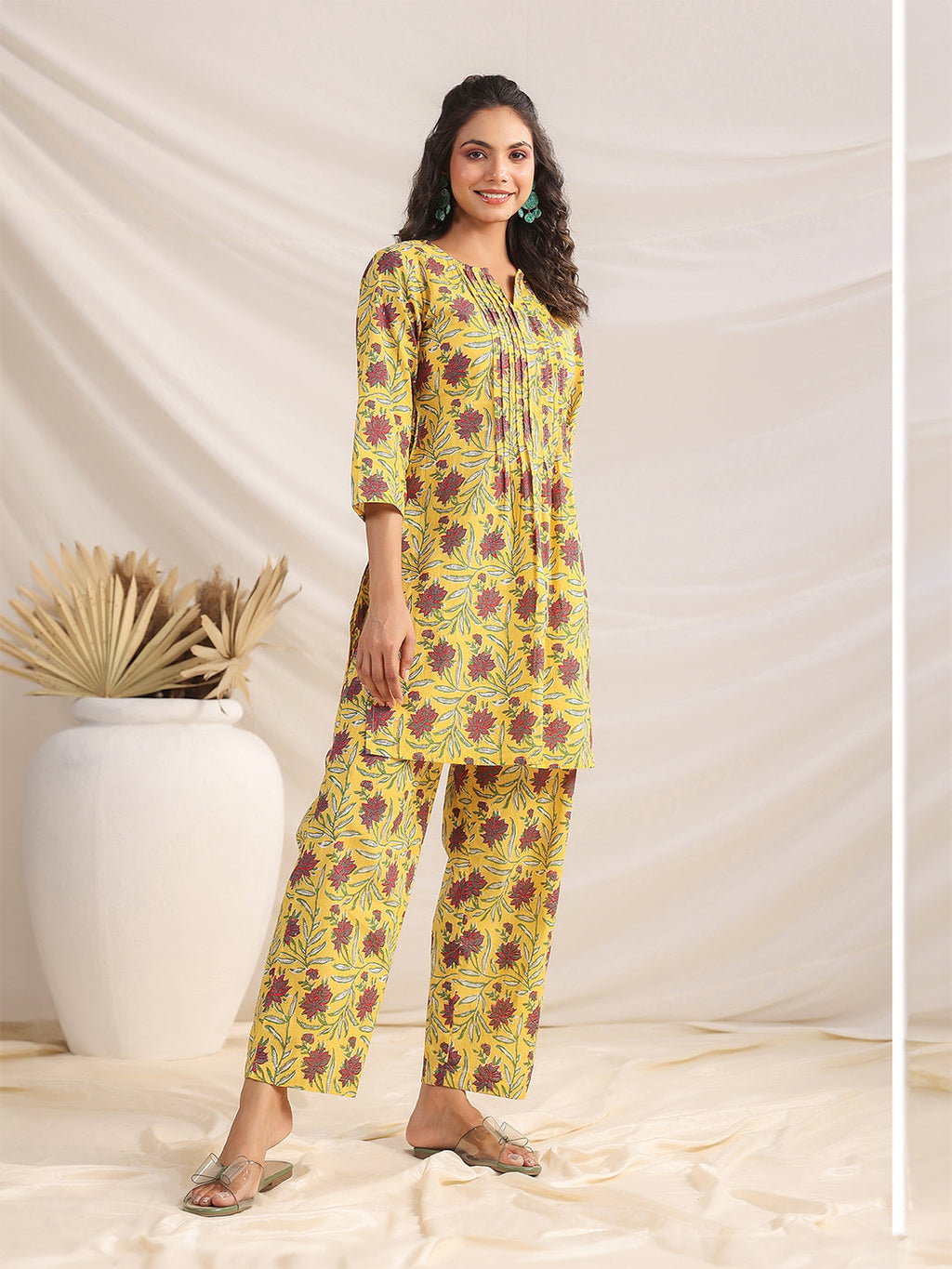 Janasya Bright Cotton Floral Pleated Top & Bottom Set