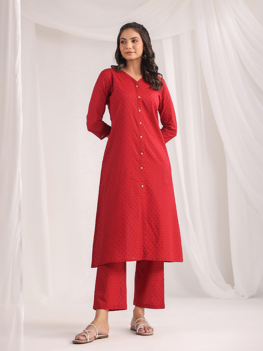 Janasya A-Line Dobby Cotton Maroon Solid V-Neck Co-Ords