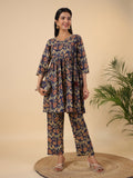 Janasya Navy Blue Cambric Ethnic Motifs Co-Ords