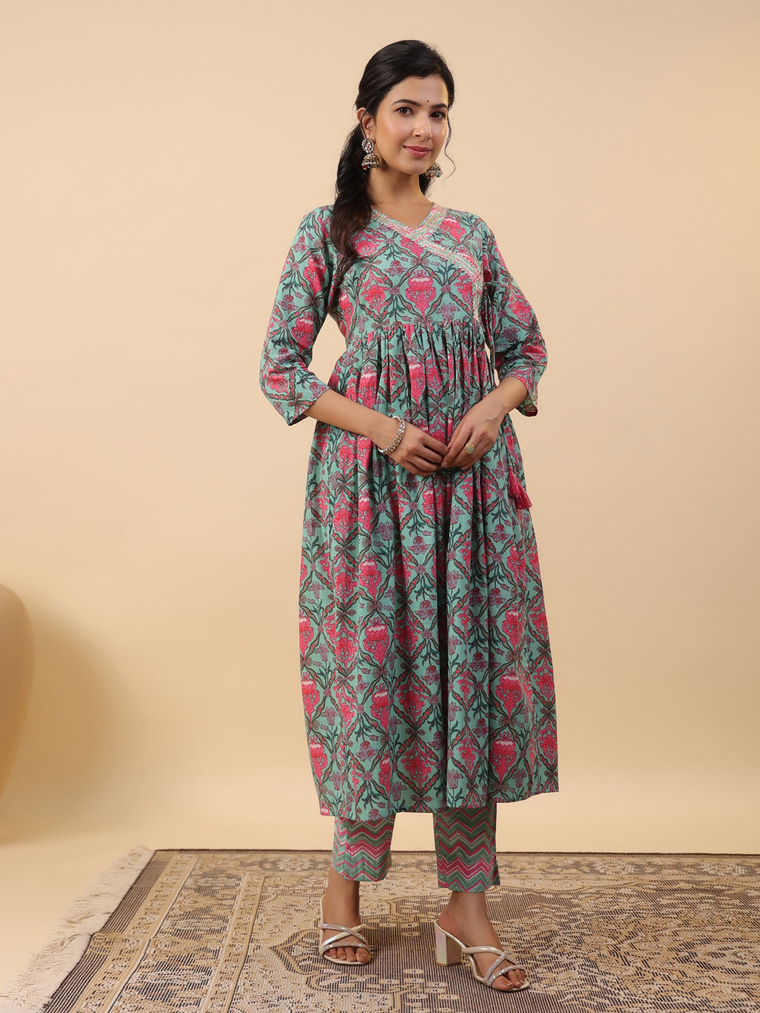 Janasya Green Cambric Ethnic Motifs Co-Ords