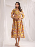 Janasya Gathered Cambric Mustard Ethnic Motifs V-Neck Dress