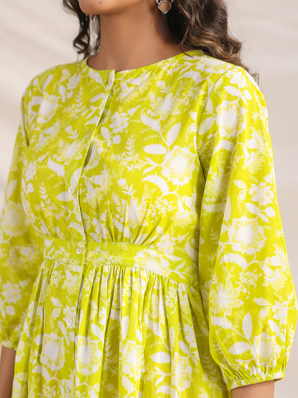 Janasya Lime Cambric Floral Dress