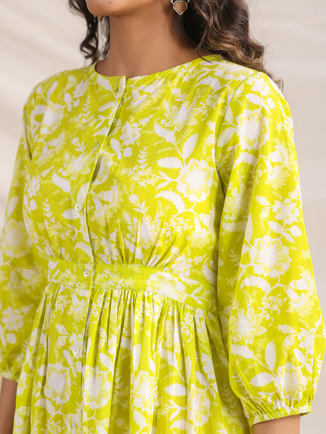 Janasya Lime Cambric Floral Dress