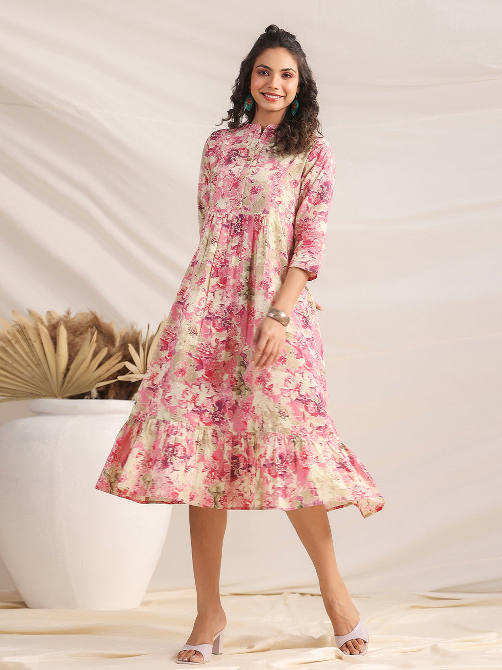 Janasya Pink Cambric Abstract Dress