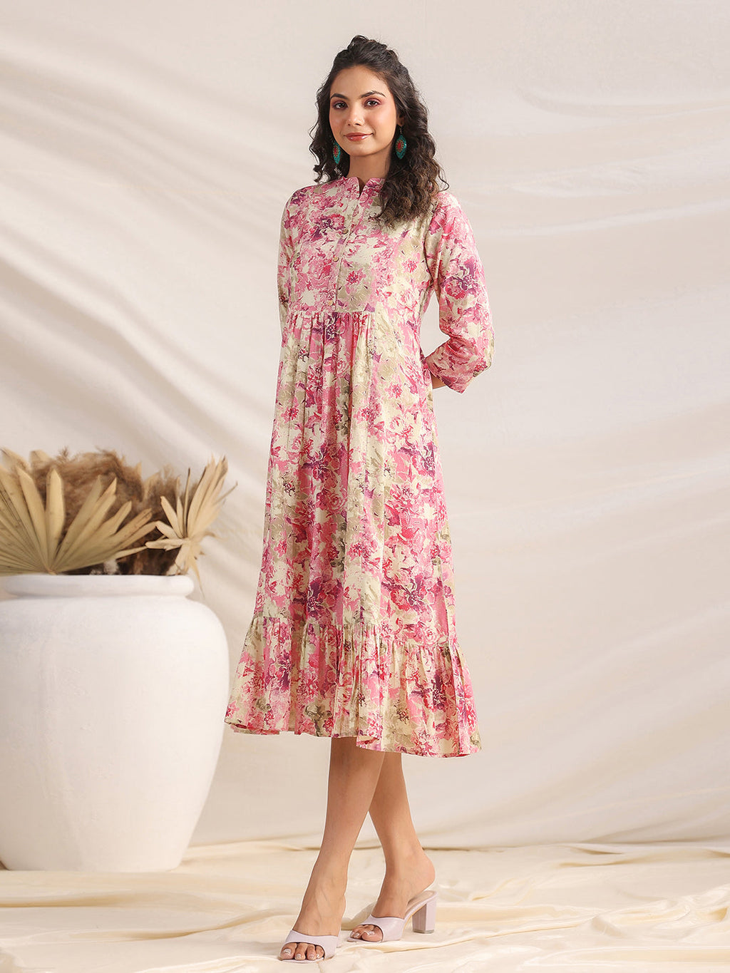 Janasya Light Cotton Abstract Gathered Dress