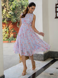 Janasya Lavender Dobby Georgette Floral Tiered Dress