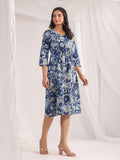 Janasya Indigo Cambric Floral Dress