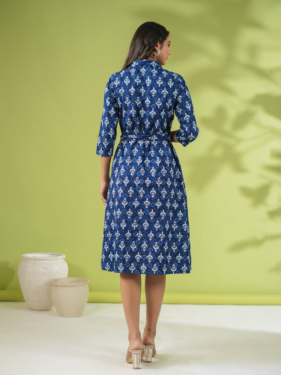 Janasya Dark Cotton Ethnic Motifs Shirt Dress Dress