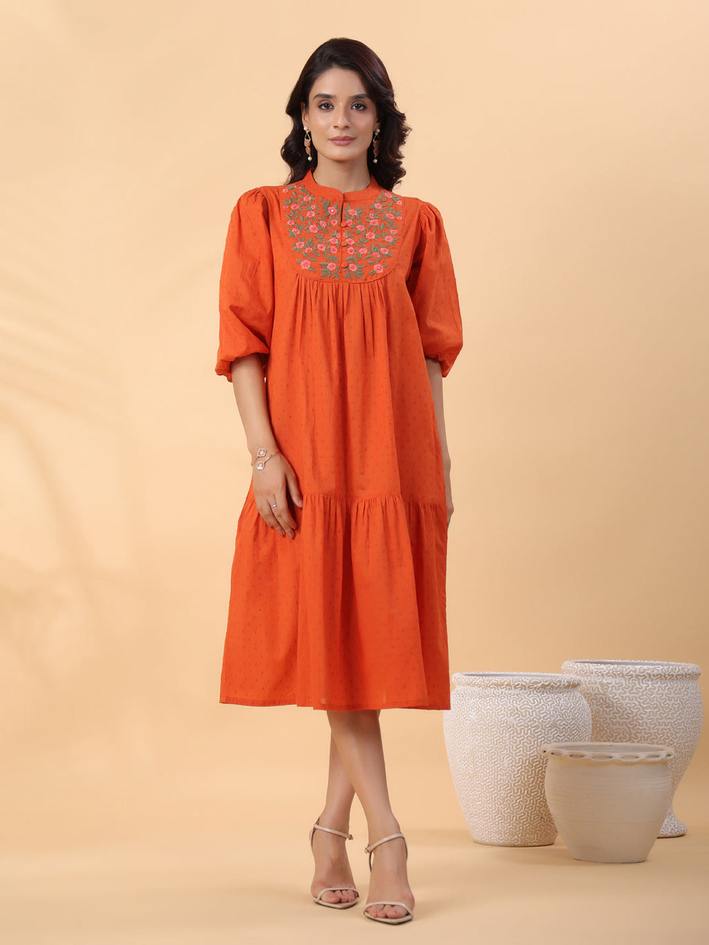 Janasya Pleated Dobby Cotton Rust Embroidered Band Collar Dress