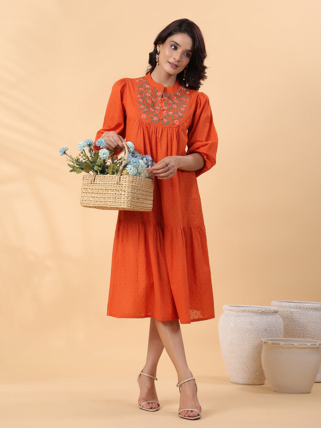 Janasya Pleated Dobby Cotton Rust Embroidered Band Collar Dress