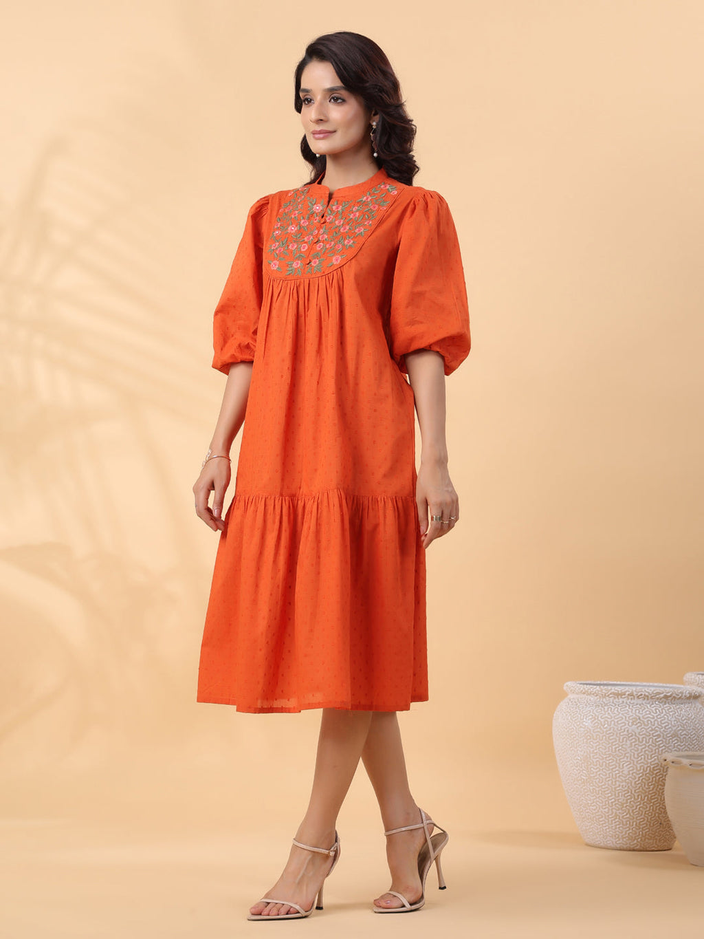 Janasya Pleated Dobby Cotton Rust Embroidered Band Collar Dress