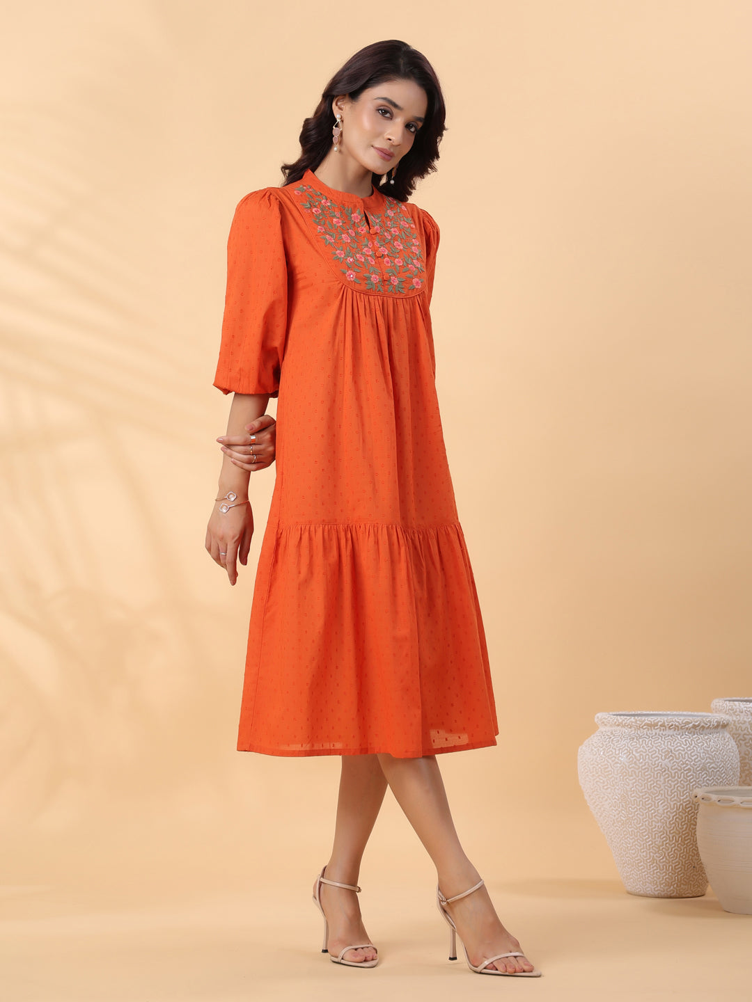 Janasya Pleated Dobby Cotton Rust Embroidered Band Collar Dress