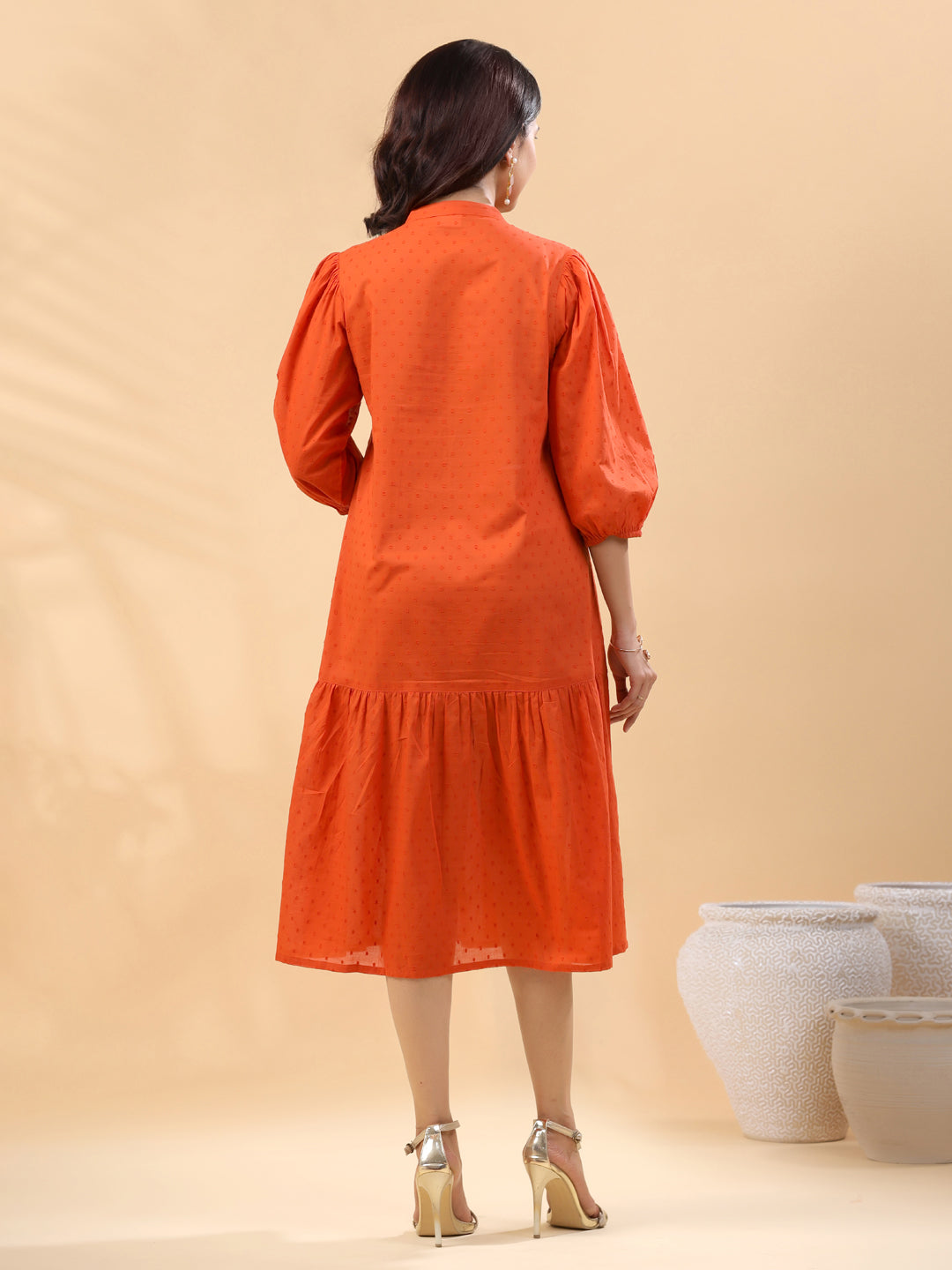 Janasya Pleated Dobby Cotton Rust Embroidered Band Collar Dress