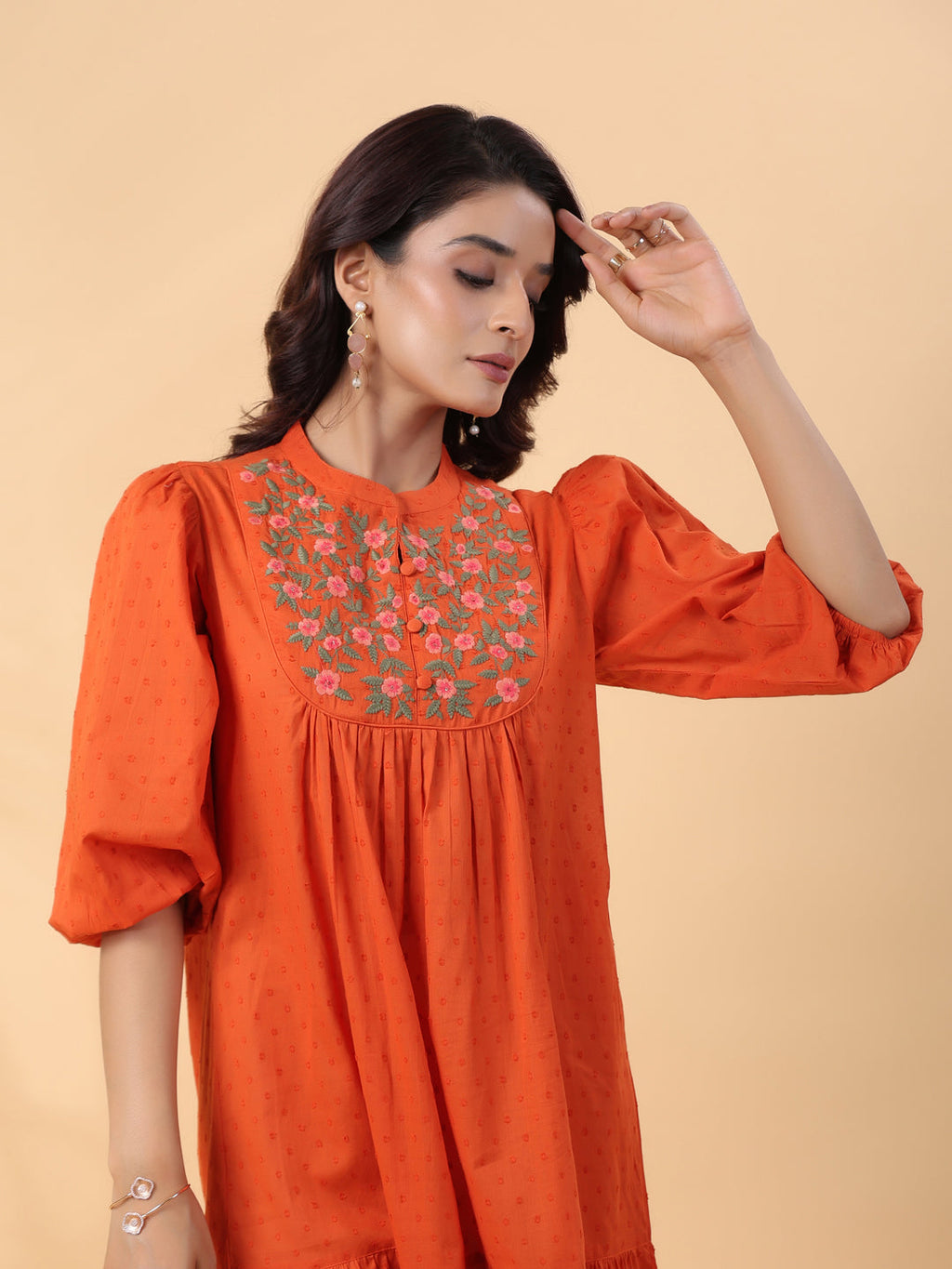 Janasya Pleated Dobby Cotton Rust Embroidered Band Collar Dress
