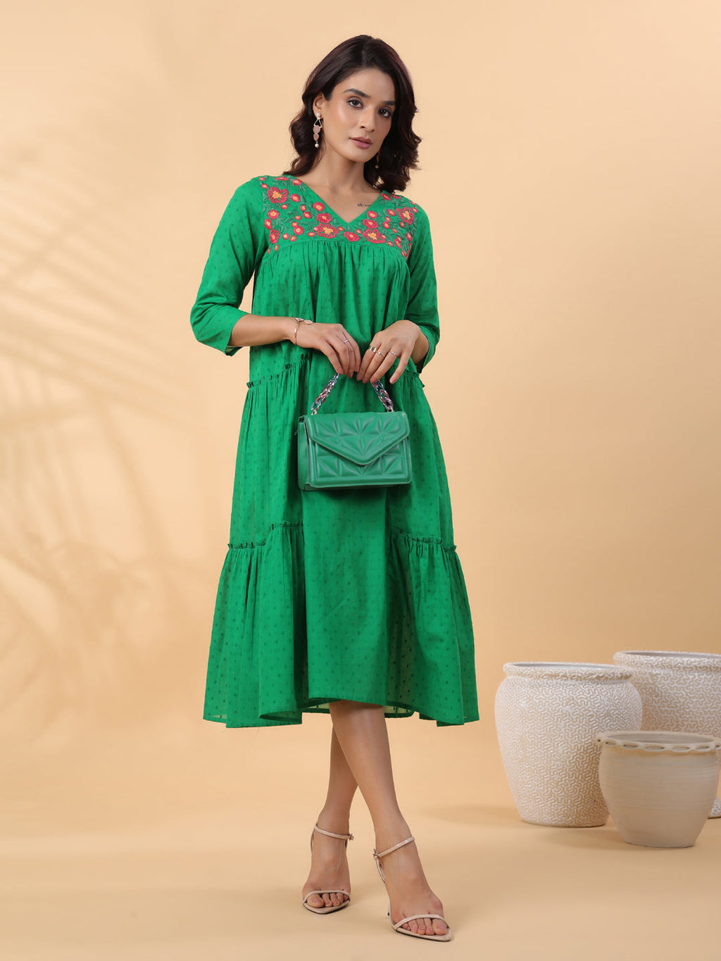 Janasya Pleated Dobby Cotton Green Embroidered V-Neck Dress