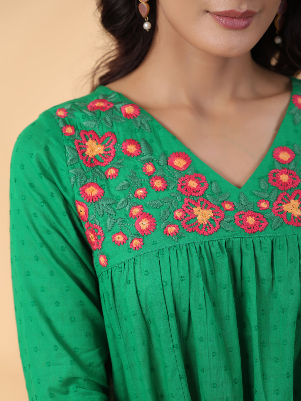 Janasya Pleated Dobby Cotton Green Embroidered V-Neck Dress
