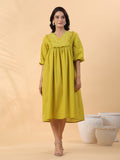 Janasya Pleated Dobby Cotton Lime Green Embroidered V-Neck Dress