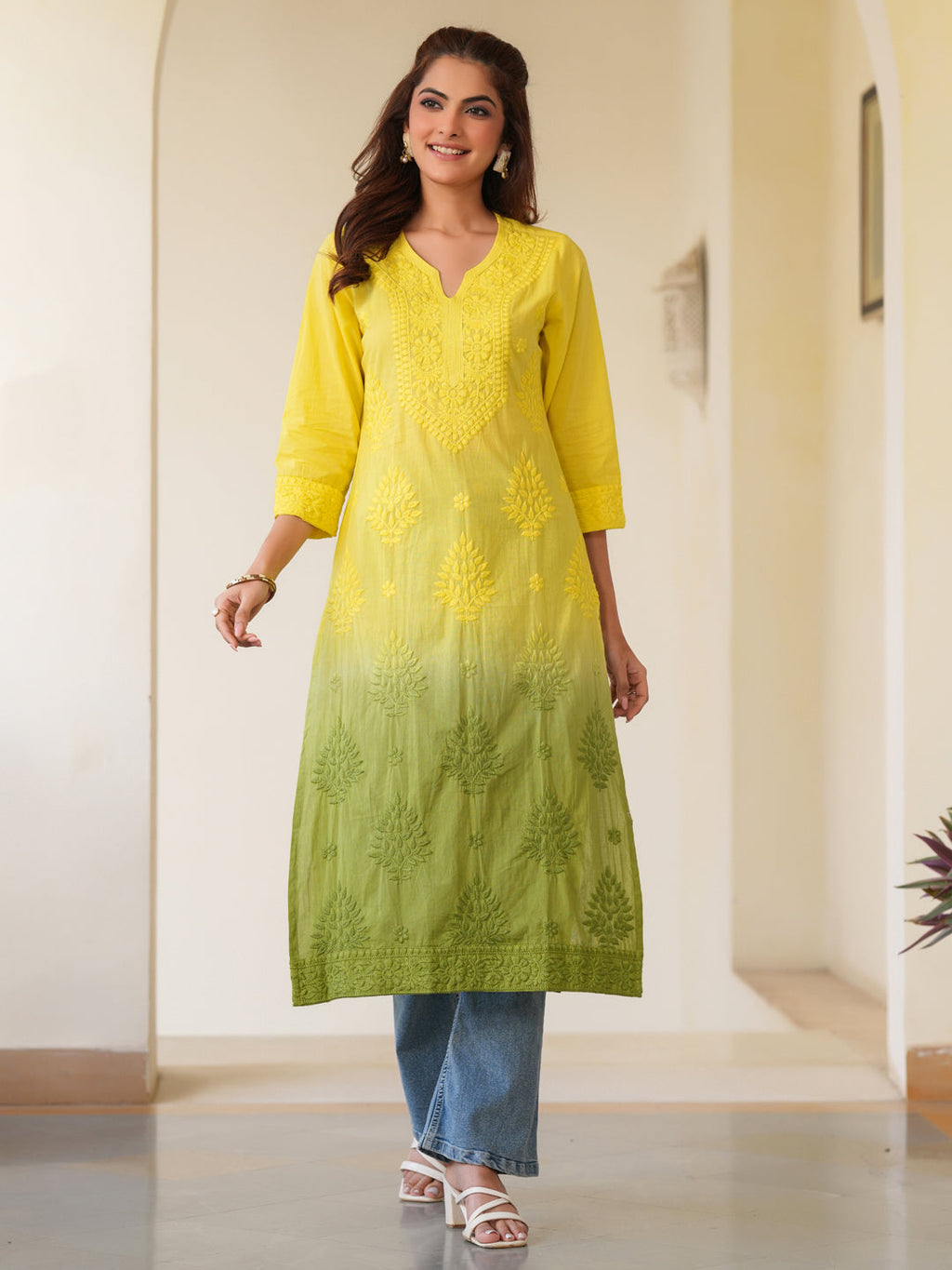 Janasya Bright Cotton Ombre Straight Kurta