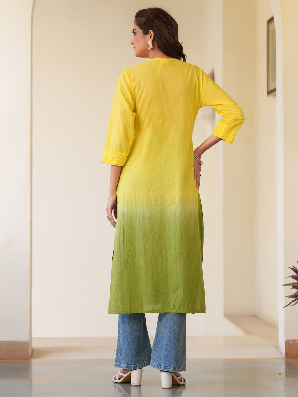Janasya Bright Cotton Ombre Straight Kurta
