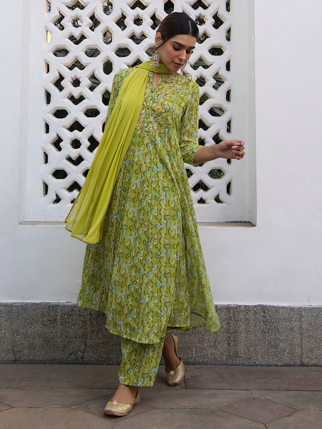 Janasya Anarkali Weightless Georgette Lime Green Yoke Embroidery Notch Neck Set