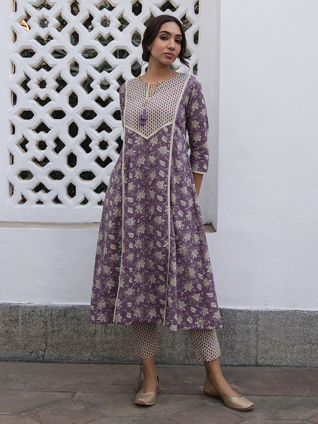 Janasya Purple Cotton Floral Kurta Set