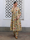 Janasya Gathered Cambric Beige Floral V-Neck Kurta & Bottom