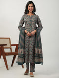 Janasya Straight Cambric Beige Floral Notch Neck Kurta Set