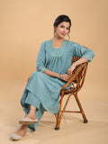 Janasya Gathering Muslin Sage Yoke Embroidery V-Neck Kurta Set