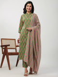 Janasya Straight Cambric Green Ethnic Motifs Band Collar Kurta,Bottom & Dupatta