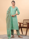 Janasya Regular Cambric Green Ethnic Motifs V-Neck Set
