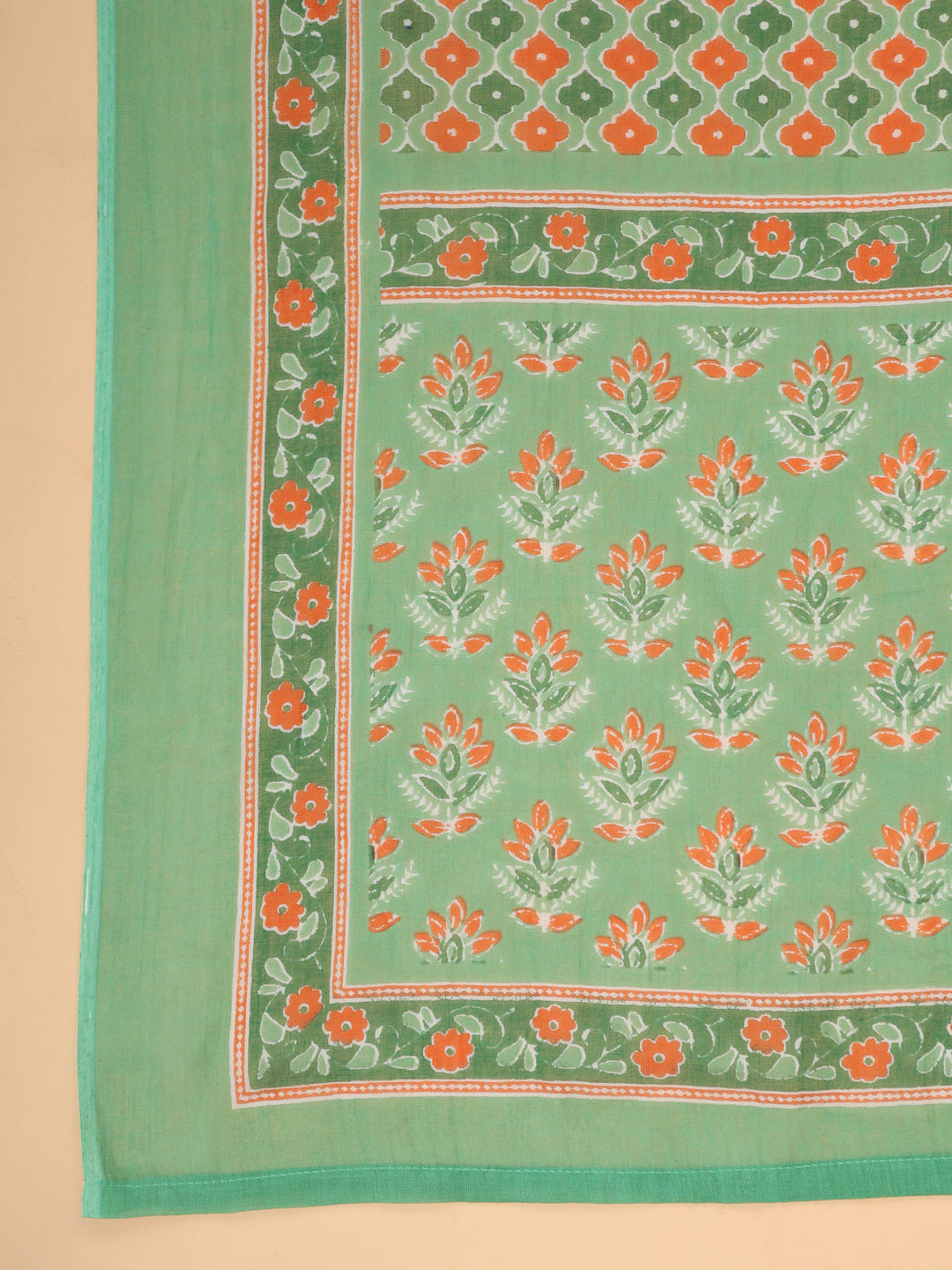 Janasya Regular Cambric Green Ethnic Motifs V-Neck Set