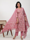 Janasya Straight Cambric Pink Floral V-Neck Set