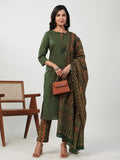 Janasya Straight Cambric Green Ethnic Motifs Notch Neck Set