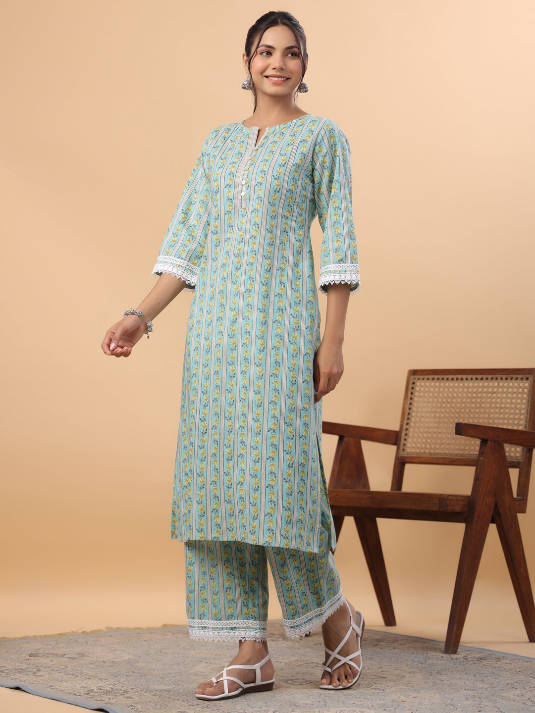 Janasya Regular Cambric Light Blue Floral Notch Neck Set