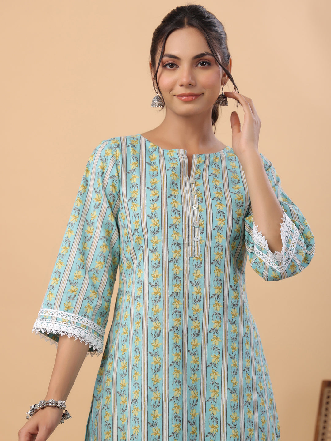 Janasya Regular Cambric Light Blue Floral Notch Neck Set