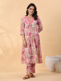 Janasya Gathered Cambric Cream Abstract V-Neck Kurta & Bottom