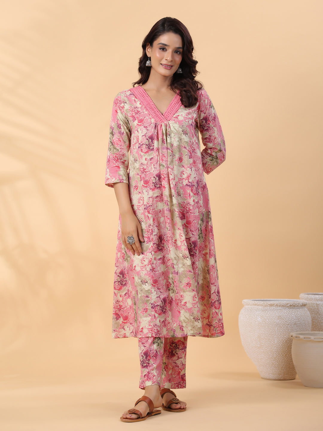 Janasya Gathered Cambric Cream Abstract V-Neck Kurta & Bottom