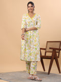 Janasya A-Line Cambric White Floral V-Neck Set