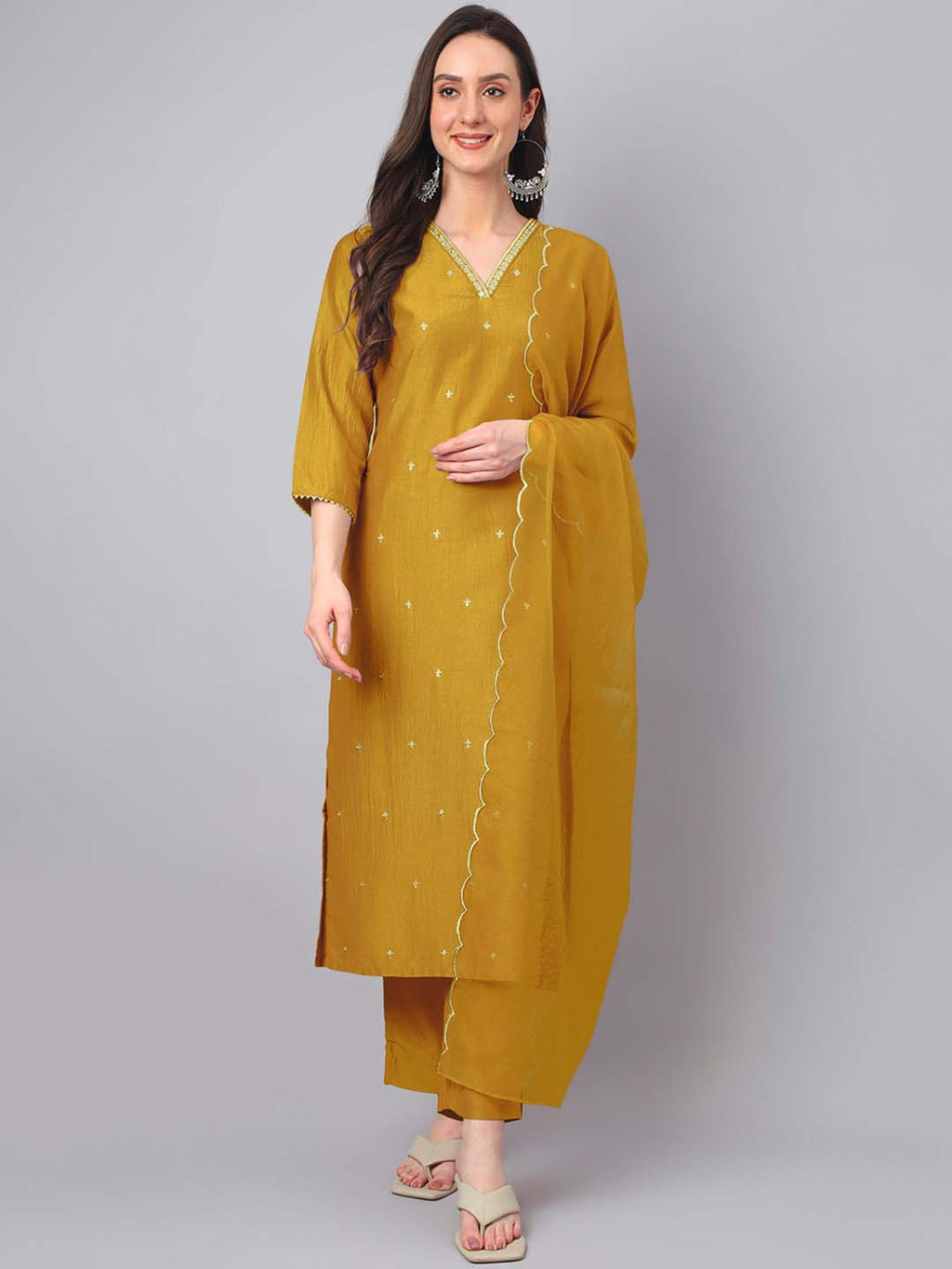 Janasya Regular Chinnon Mustard Ethnic Motifs V-Neck Kurta,Bottom & Dupatta